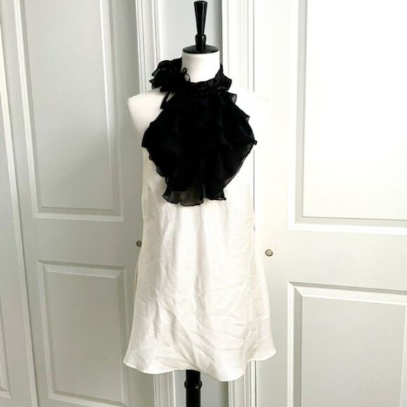 Bisou Bisou Ivory Black Ruffle Halter Top with Smocked Back Size Large - Picture 1 of 6